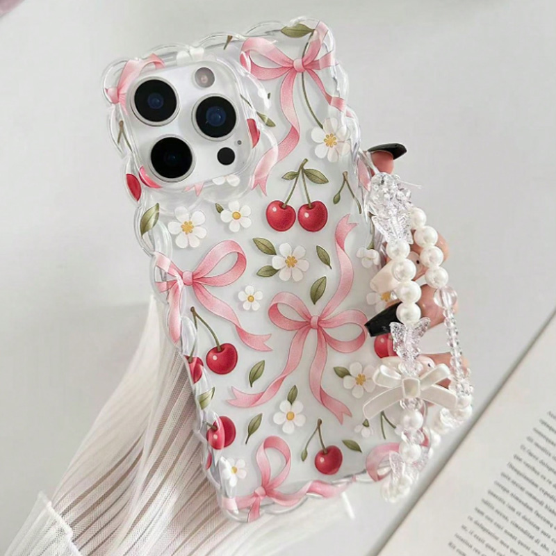 Phone Accessories Beads - غطاء هاتف شفاف بتصميم زهور الكرز